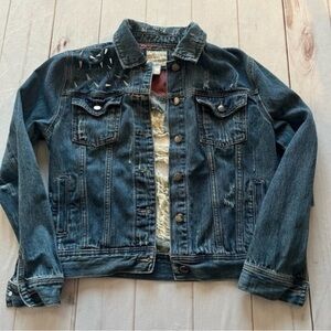 Forever 21 XXI Premium denim Gothic Distressed Studded Denim Jacket Sz S Skater